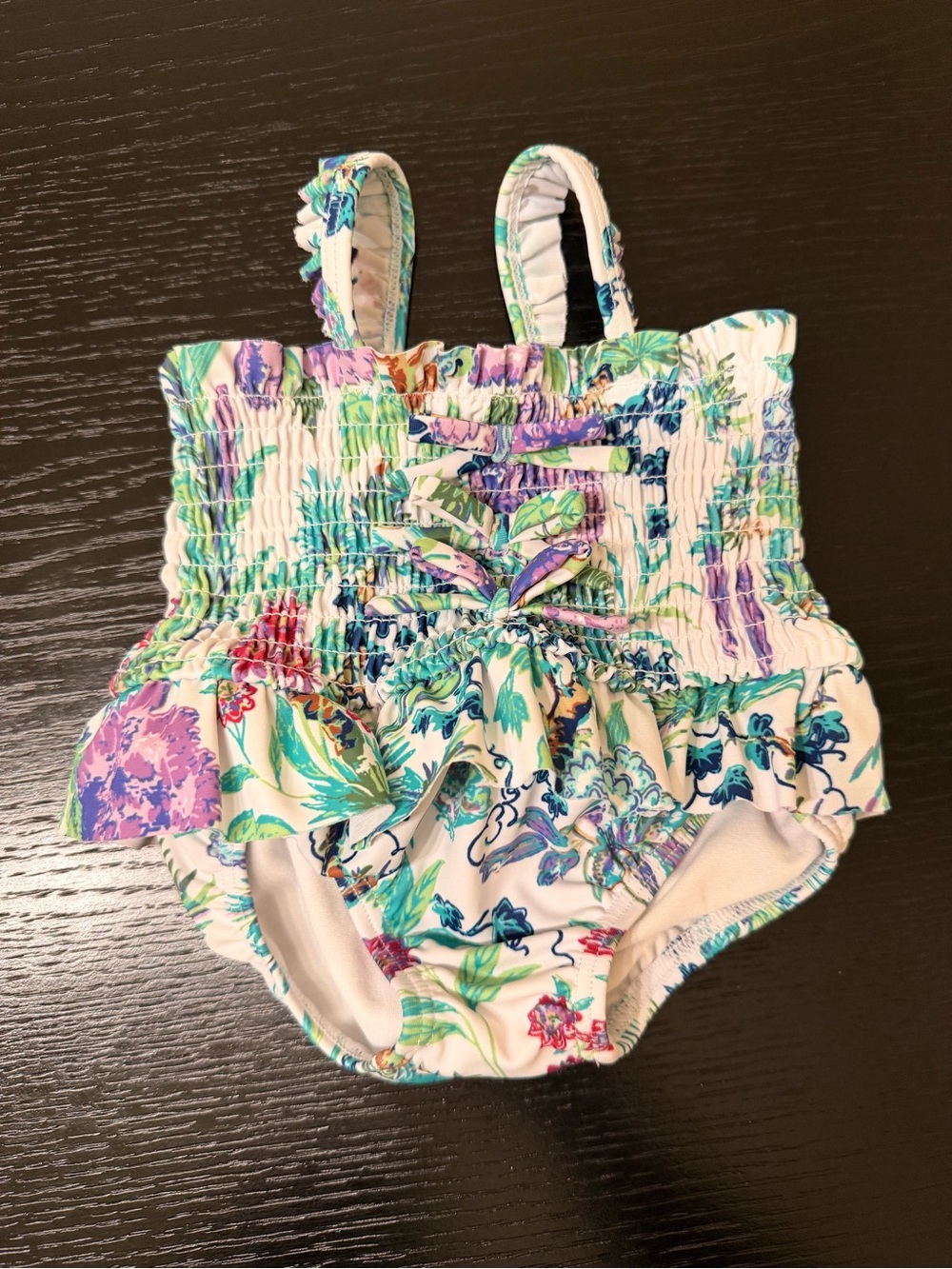 Janie and Jack White Floral Smocked One-Piece with Green and Purple Accents